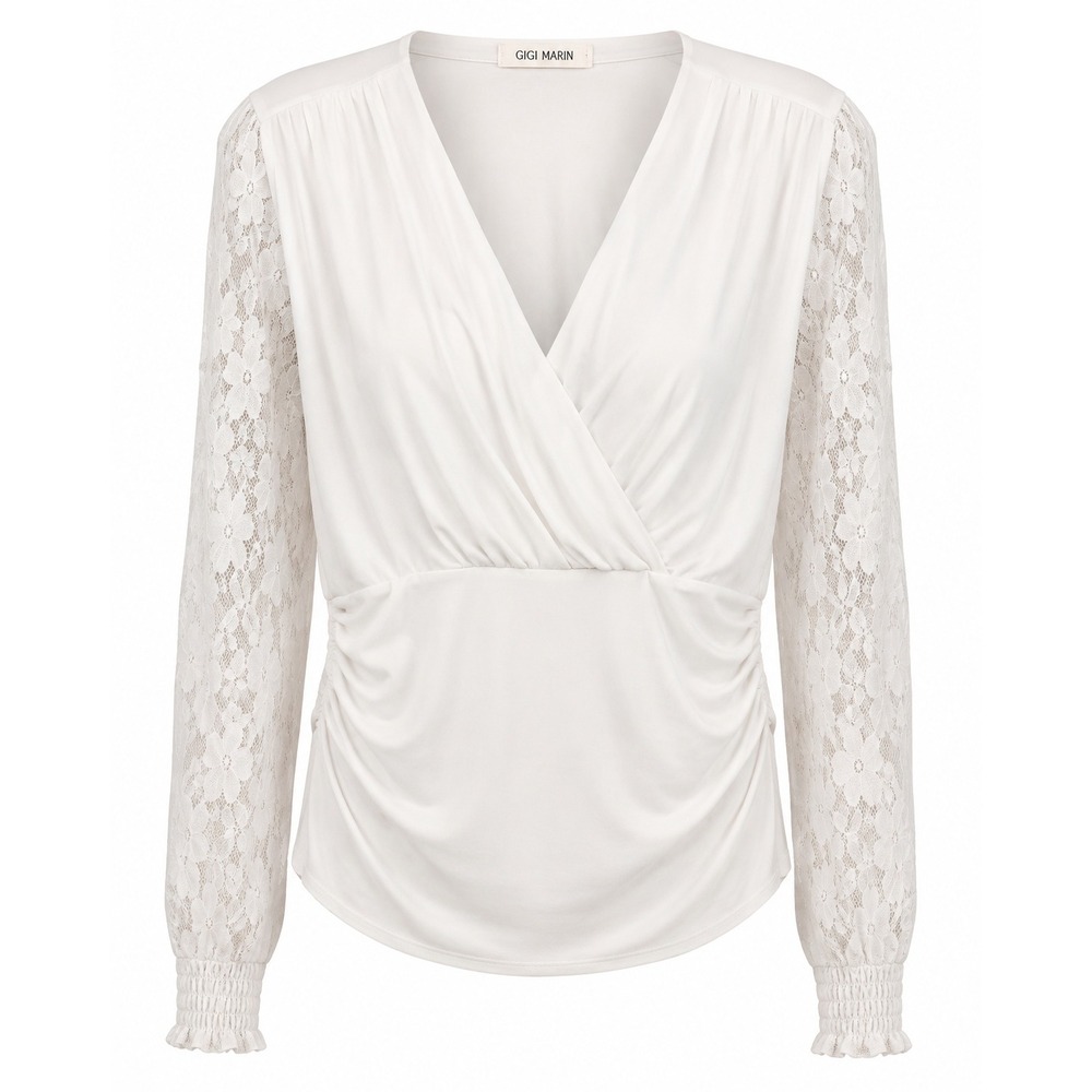 Grace Karin Blouse Women Large White Lace Sleeve Surplice Ruched Romantic